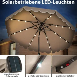 300 cm Sonnenschirm mit LED-Beleuchtung & Kurbel & Volant Gartenschirm Marktschirm Braun/Grau/Rot/Beige
