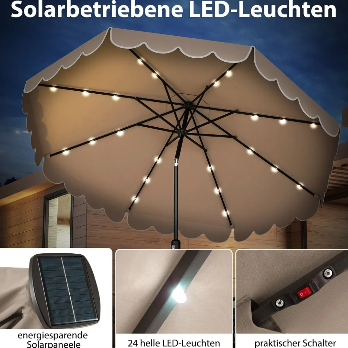 300 cm Sonnenschirm mit LED-Beleuchtung & Kurbel & Volant Gartenschirm Marktschirm Braun/Grau/Rot/Beige