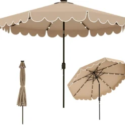300 cm Sonnenschirm mit LED-Beleuchtung & Kurbel & Volant Gartenschirm Marktschirm Braun/Grau/Rot/Beige