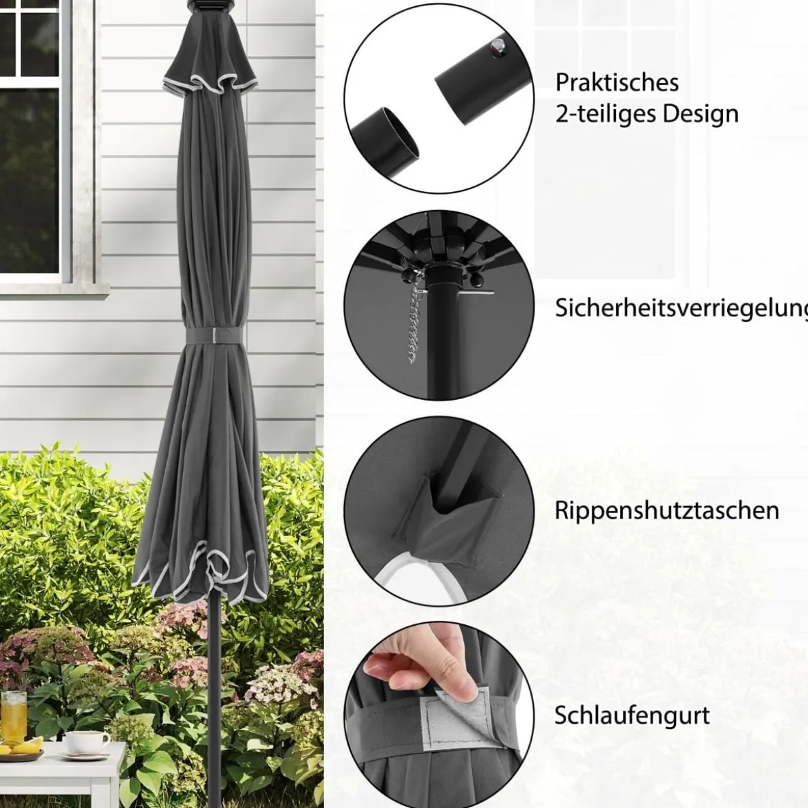 300 cm Sonnenschirm mit LED-Beleuchtung & Kurbel & Volant Gartenschirm Marktschirm Braun/Grau/Rot/Beige