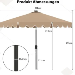 300 cm Sonnenschirm mit LED-Beleuchtung & Kurbel & Volant Gartenschirm Marktschirm Braun/Grau/Rot/Beige