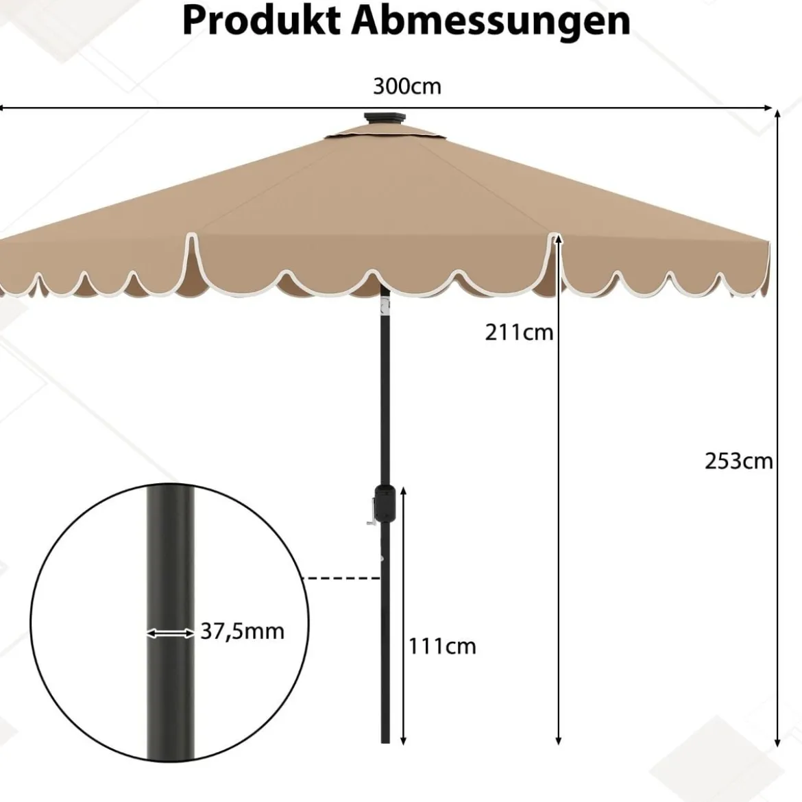 300 cm Sonnenschirm mit LED-Beleuchtung & Kurbel & Volant Gartenschirm Marktschirm Braun/Grau/Rot/Beige