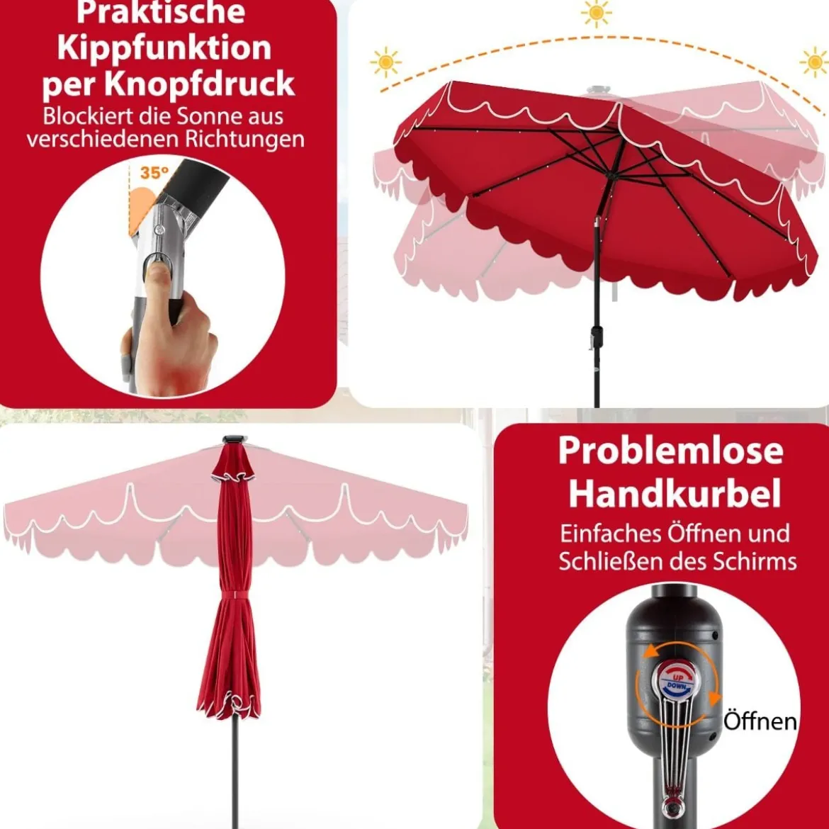 300 cm Sonnenschirm mit LED-Beleuchtung & Kurbel & Volant Gartenschirm Marktschirm Braun/Grau/Rot/Beige