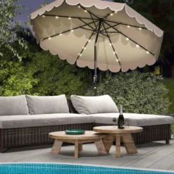 300 cm Sonnenschirm mit LED-Beleuchtung & Kurbel & Volant Gartenschirm Marktschirm Braun/Grau/Rot/Beige