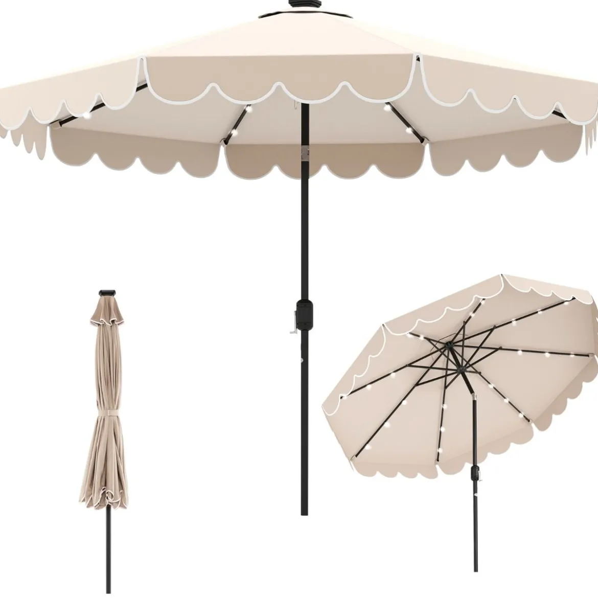 300 cm Sonnenschirm mit LED-Beleuchtung & Kurbel & Volant Gartenschirm Marktschirm Braun/Grau/Rot/Beige