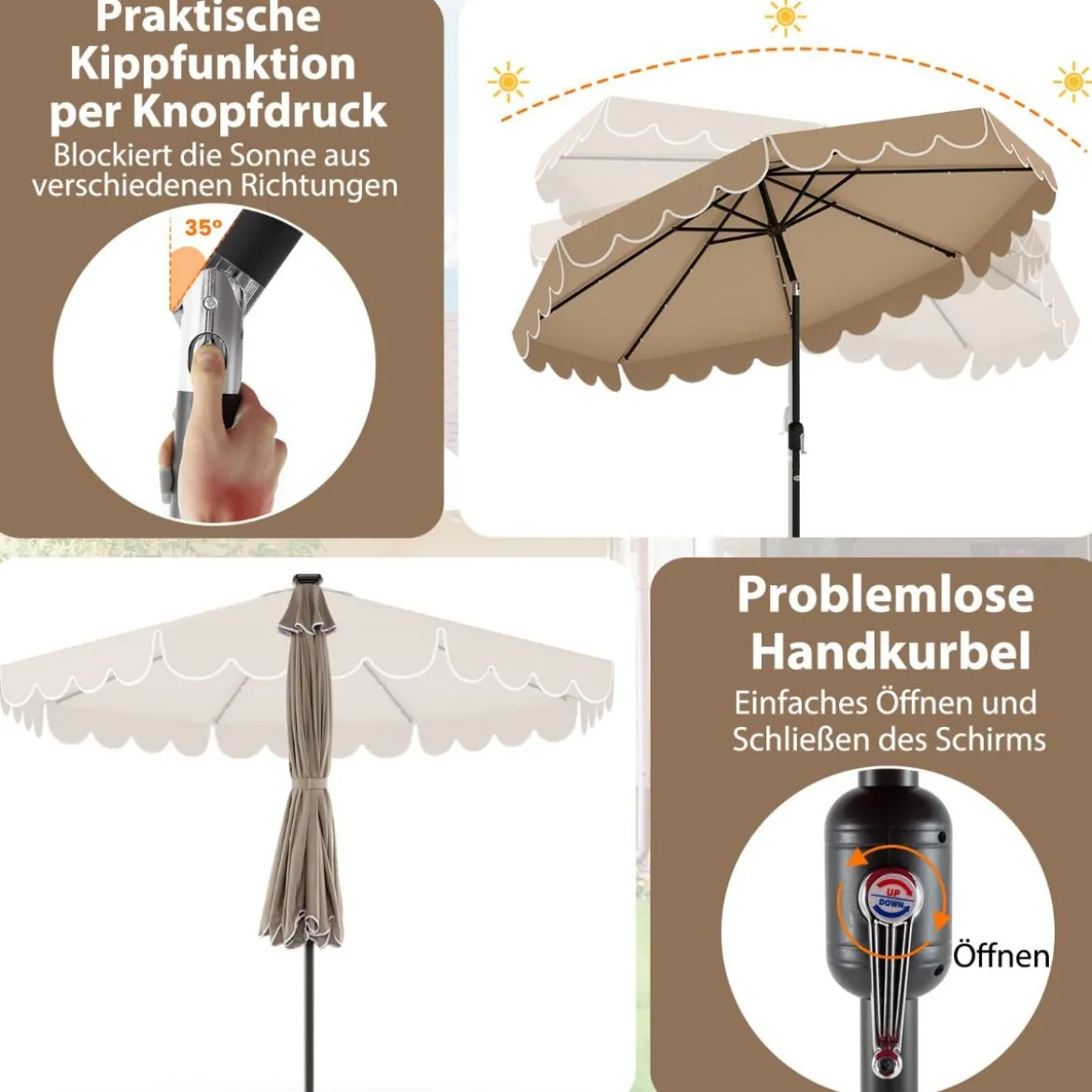 300 cm Sonnenschirm mit LED-Beleuchtung & Kurbel & Volant Gartenschirm Marktschirm Braun/Grau/Rot/Beige