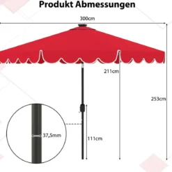 300 cm Sonnenschirm mit LED-Beleuchtung & Kurbel & Volant Gartenschirm Marktschirm Braun/Grau/Rot/Beige