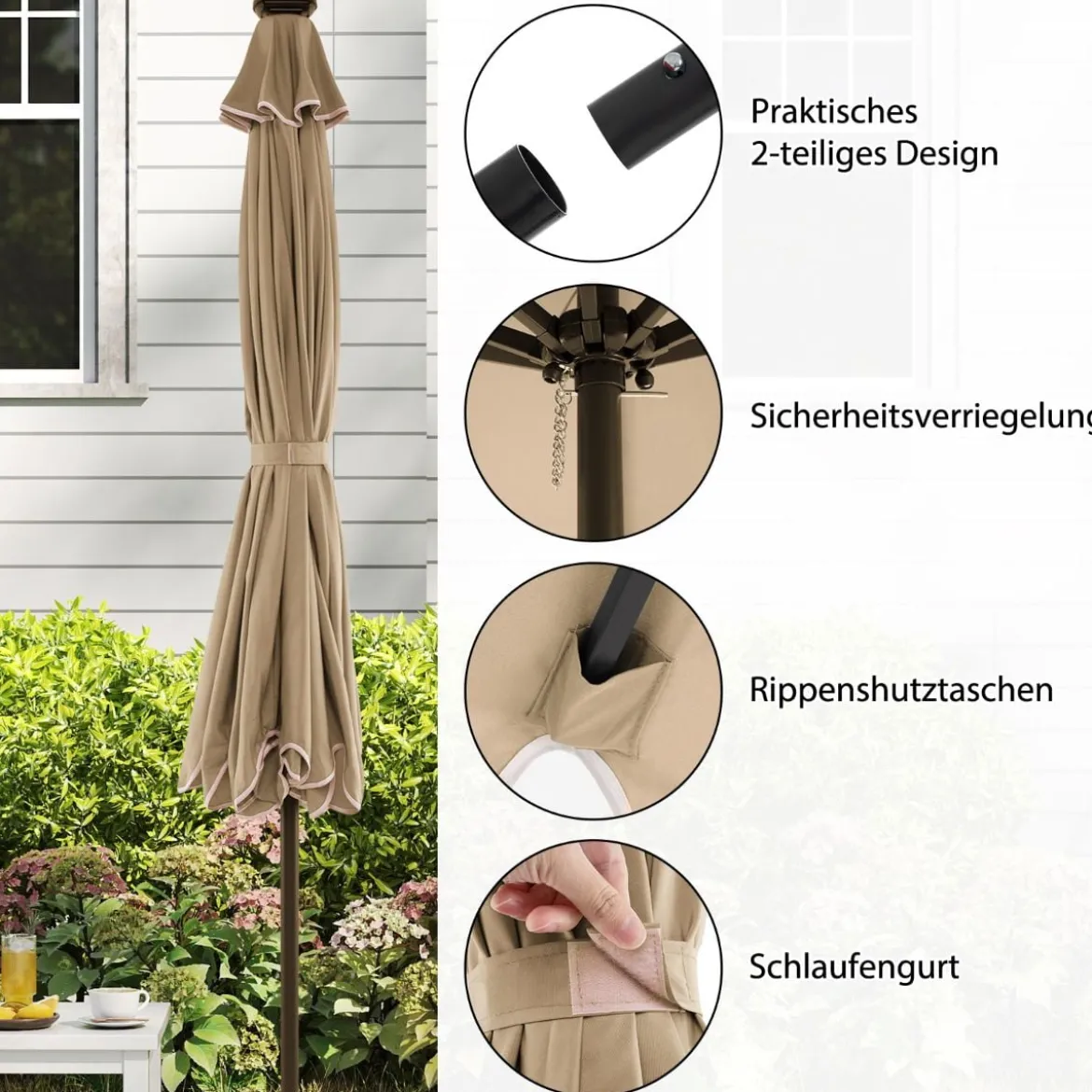 300 cm Sonnenschirm mit LED-Beleuchtung & Kurbel & Volant Gartenschirm Marktschirm Braun/Grau/Rot/Beige