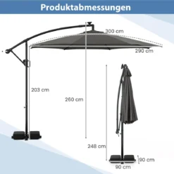 300 cm Sonnenschirm mit LED-Beleuchtung 9 Modi Ampelschirm mit Sandsäcken & Kurbel Neigungswinkel verstellbar Grau