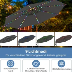 300 cm Sonnenschirm mit LED-Beleuchtung 9 Modi Ampelschirm mit Sandsäcken & Kurbel Neigungswinkel verstellbar Grau