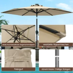 230 cm Sonnenschirm mit LED Solar Beleuchtung & Kurbel Gartenschirm Marktschirm