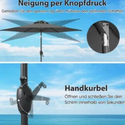 230 cm Sonnenschirm mit LED Solar Beleuchtung & Kurbel Gartenschirm Marktschirm