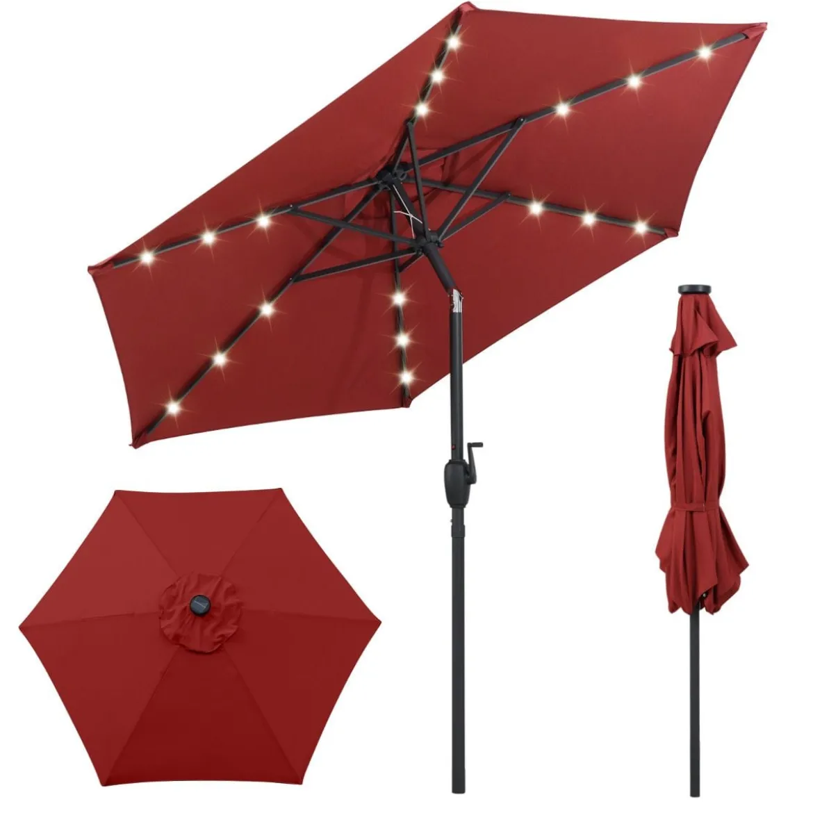 230 cm Sonnenschirm mit LED Solar Beleuchtung & Kurbel Gartenschirm Marktschirm