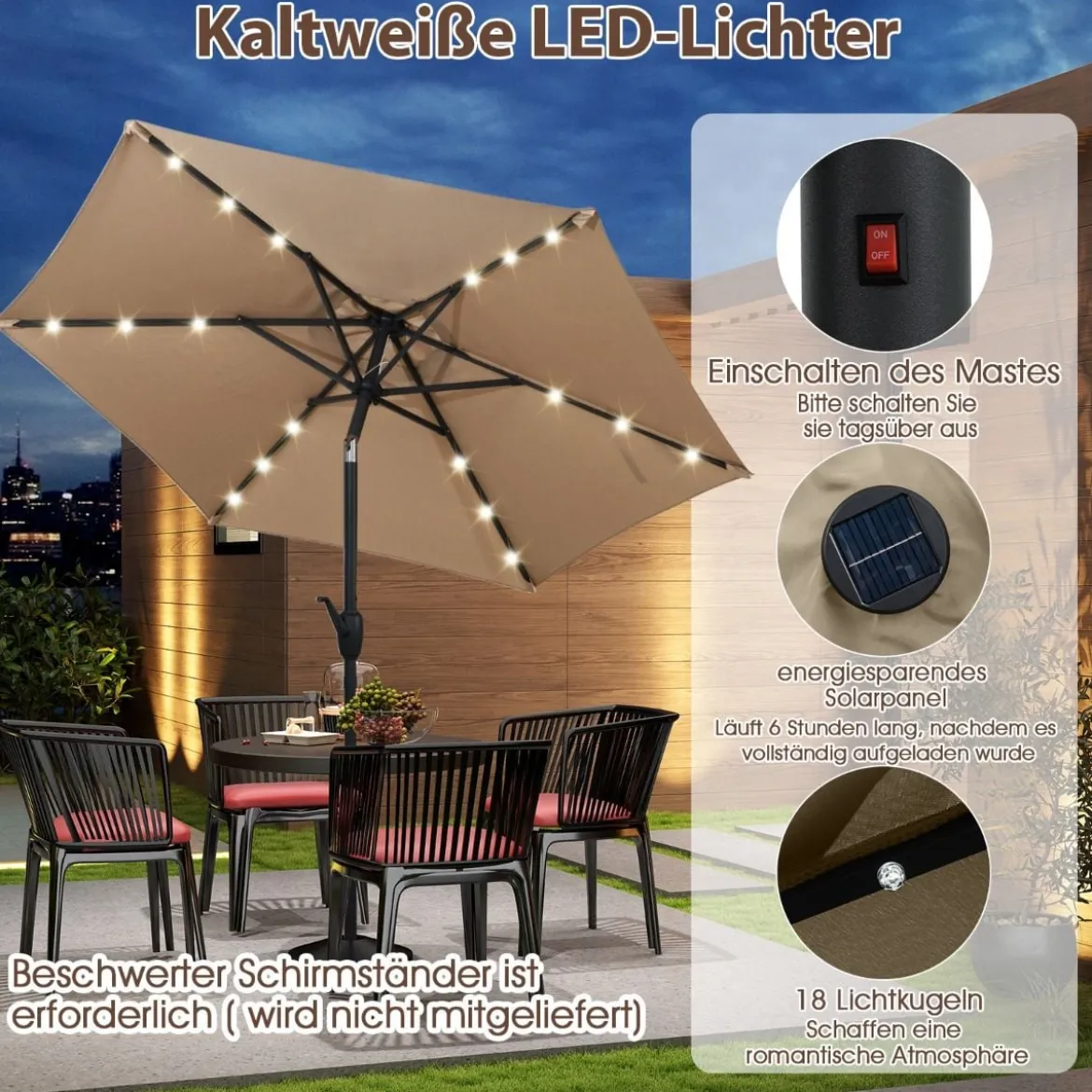 230 cm Sonnenschirm mit LED Solar Beleuchtung & Kurbel Gartenschirm Marktschirm