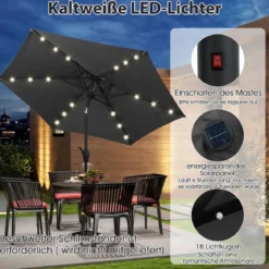 230 cm Sonnenschirm mit LED Solar Beleuchtung & Kurbel Gartenschirm Marktschirm
