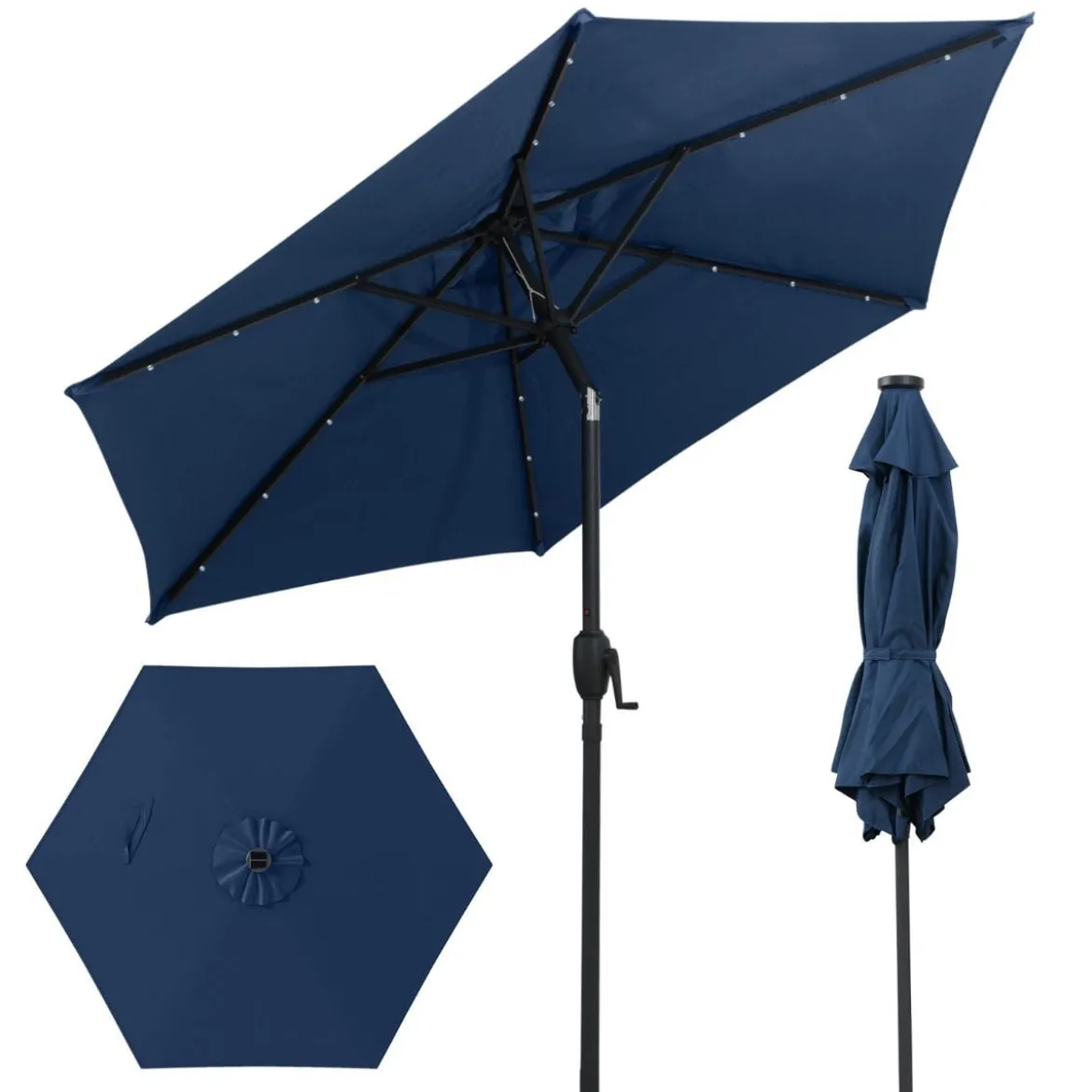 230 cm Sonnenschirm mit LED Solar Beleuchtung & Kurbel Gartenschirm Marktschirm