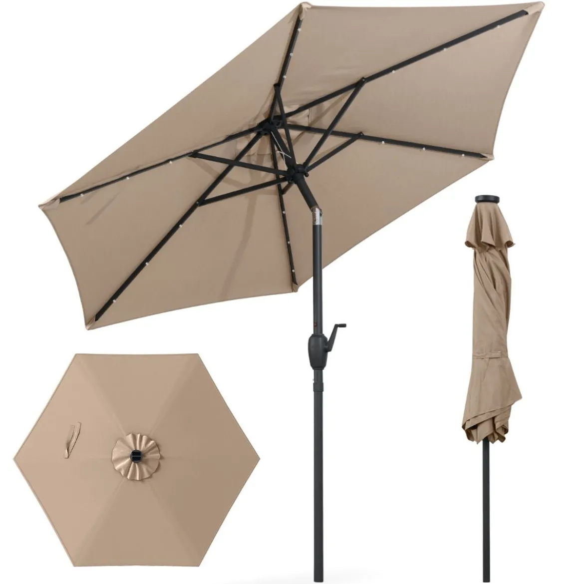 230 cm Sonnenschirm mit LED Solar Beleuchtung & Kurbel Gartenschirm Marktschirm