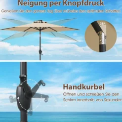 230 cm Sonnenschirm mit LED Solar Beleuchtung & Kurbel Gartenschirm Marktschirm