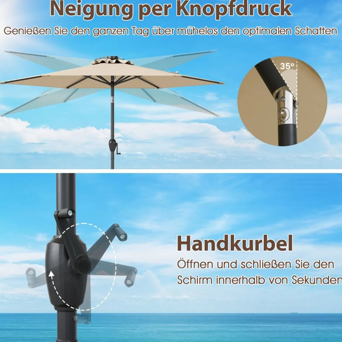 230 cm Sonnenschirm mit LED Solar Beleuchtung & Kurbel Gartenschirm Marktschirm