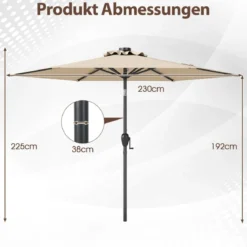 230 cm Sonnenschirm mit LED Solar Beleuchtung & Kurbel Gartenschirm Marktschirm