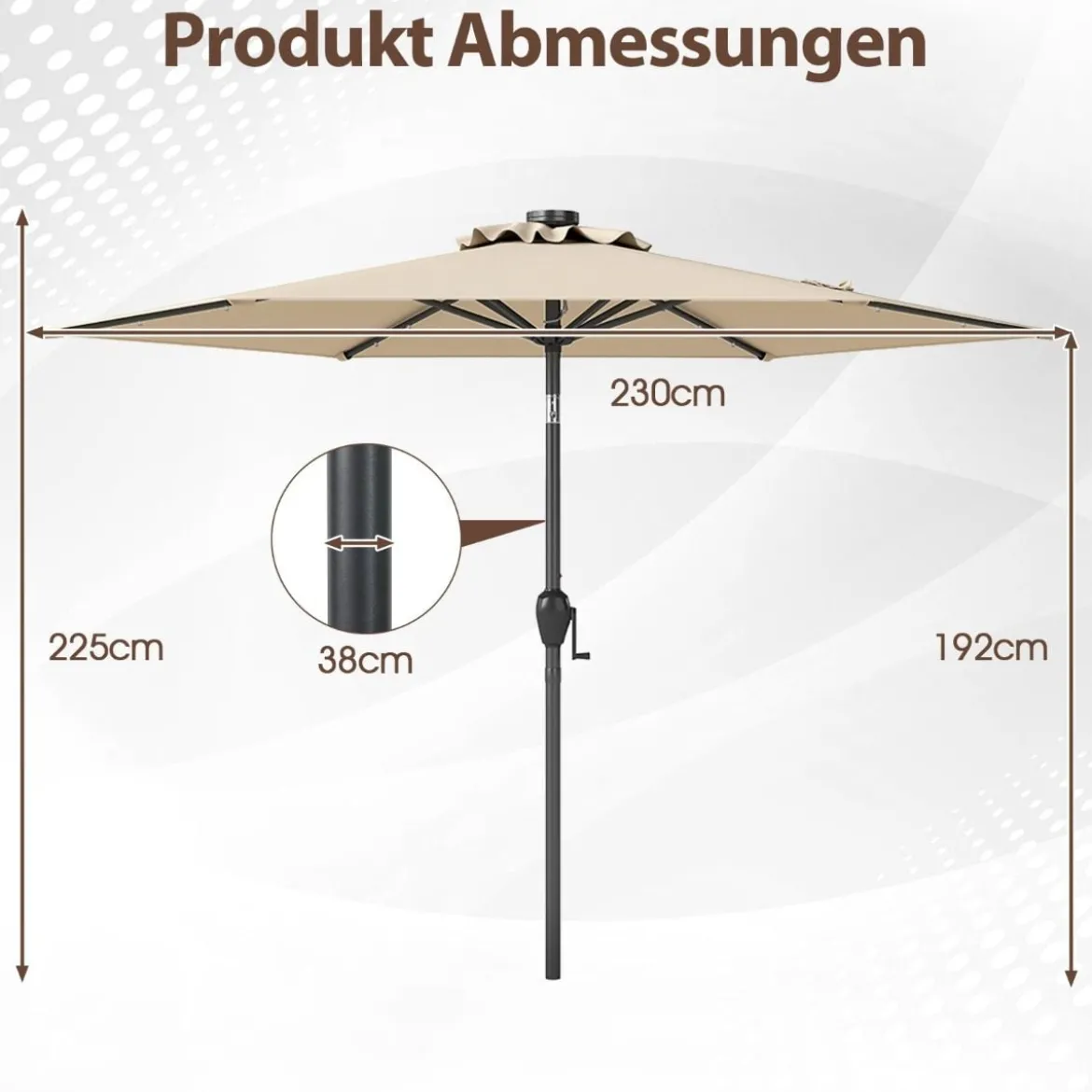 230 cm Sonnenschirm mit LED Solar Beleuchtung & Kurbel Gartenschirm Marktschirm