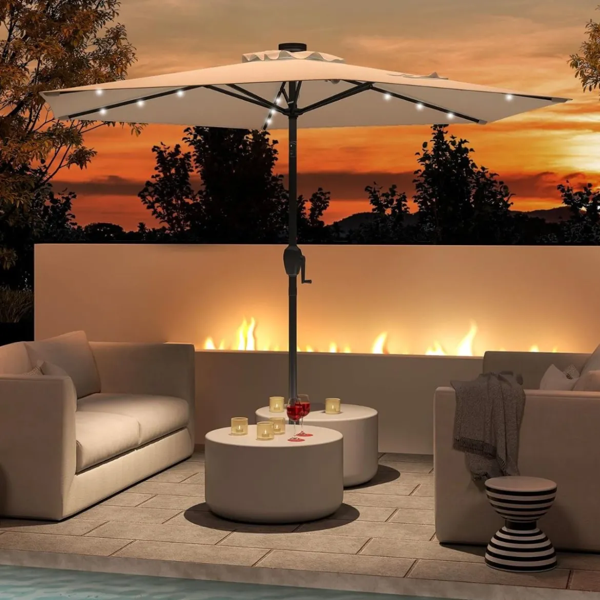 230 cm Sonnenschirm mit LED Solar Beleuchtung & Kurbel Gartenschirm Marktschirm