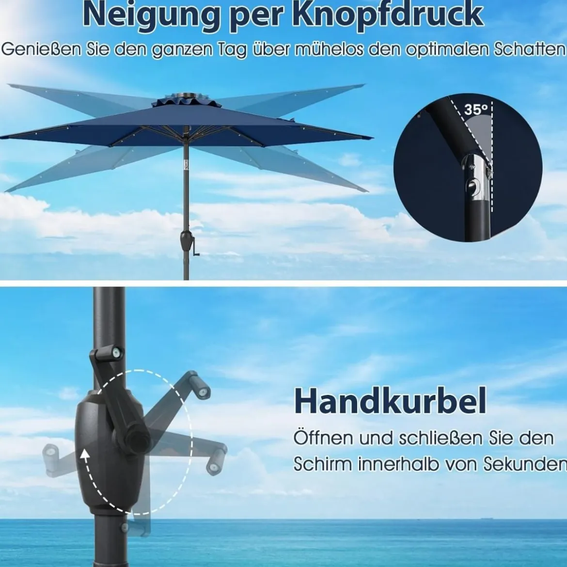 230 cm Sonnenschirm mit LED Solar Beleuchtung & Kurbel Gartenschirm Marktschirm