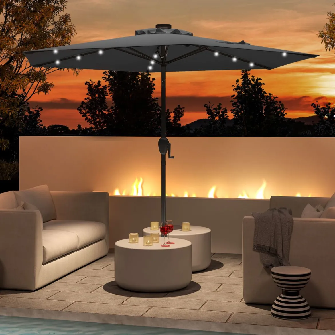 230 cm Sonnenschirm mit LED Solar Beleuchtung & Kurbel Gartenschirm Marktschirm