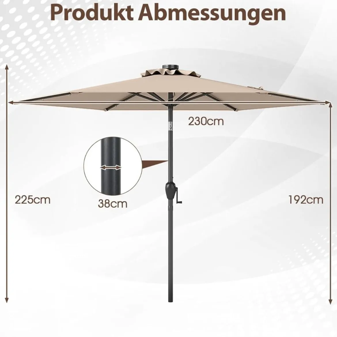230 cm Sonnenschirm mit LED Solar Beleuchtung & Kurbel Gartenschirm Marktschirm