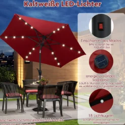 230 cm Sonnenschirm mit LED Solar Beleuchtung & Kurbel Gartenschirm Marktschirm