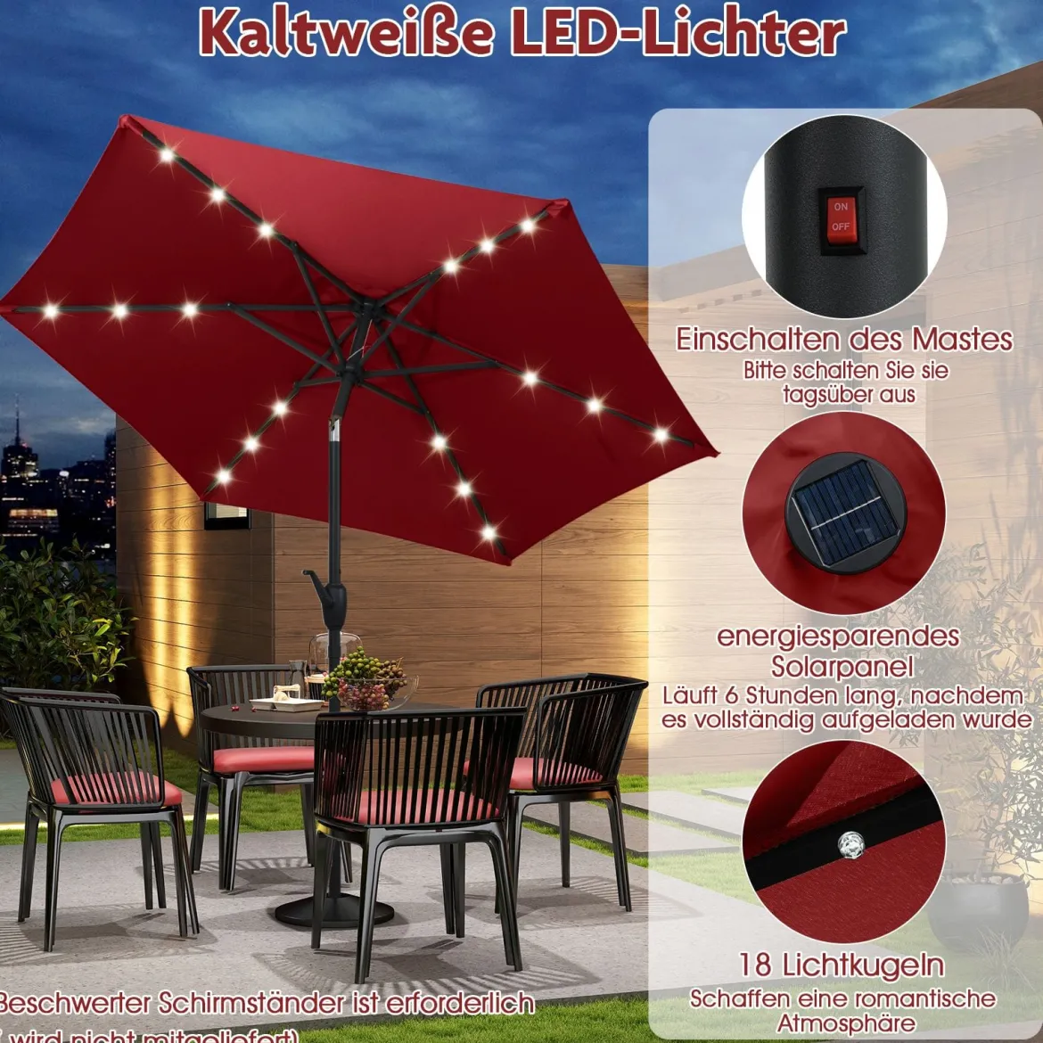 230 cm Sonnenschirm mit LED Solar Beleuchtung & Kurbel Gartenschirm Marktschirm