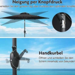 230 cm Sonnenschirm mit LED Solar Beleuchtung & Kurbel Gartenschirm Marktschirm