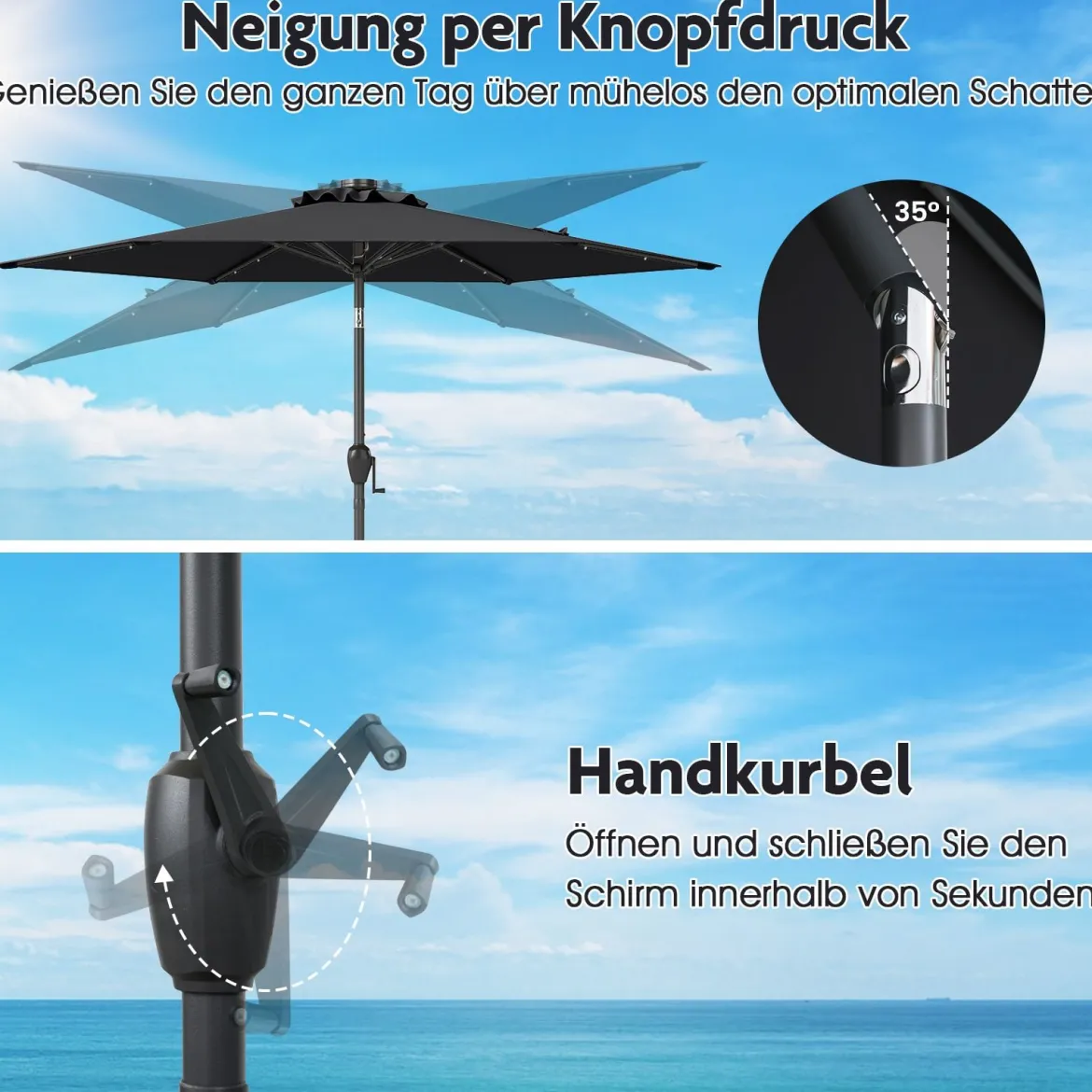 230 cm Sonnenschirm mit LED Solar Beleuchtung & Kurbel Gartenschirm Marktschirm