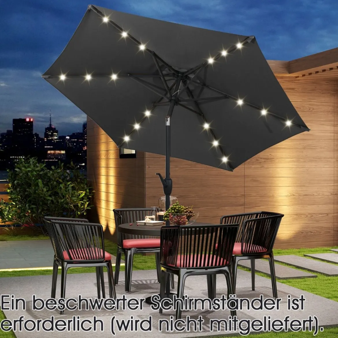 230 cm Sonnenschirm mit LED Solar Beleuchtung & Kurbel Gartenschirm Marktschirm