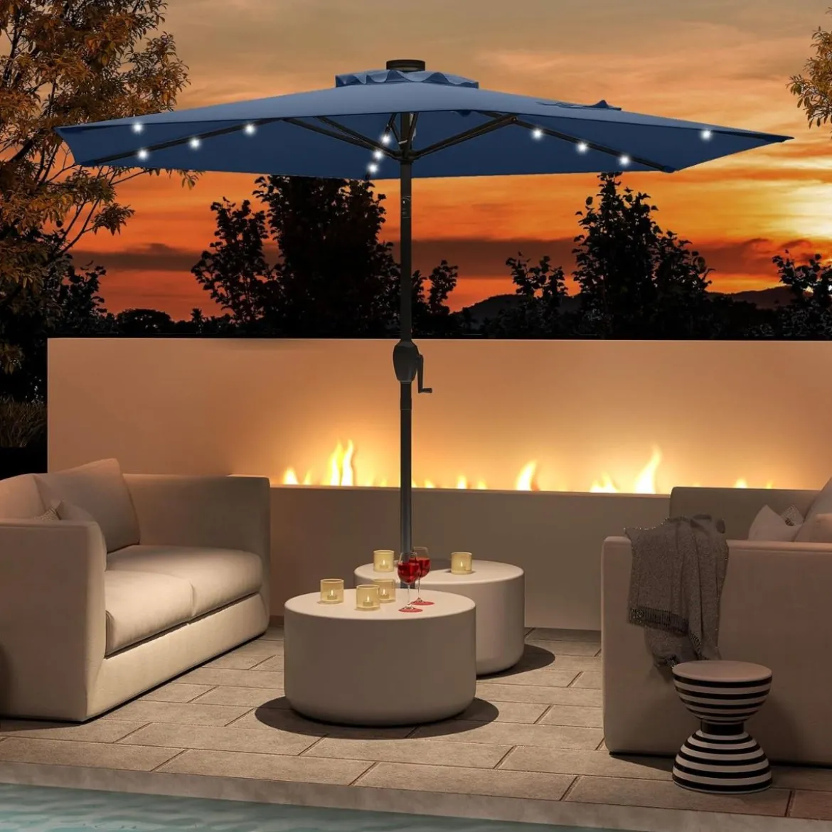 230 cm Sonnenschirm mit LED Solar Beleuchtung & Kurbel Gartenschirm Marktschirm