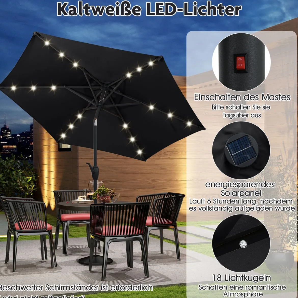 230 cm Sonnenschirm mit LED Solar Beleuchtung & Kurbel Gartenschirm Marktschirm