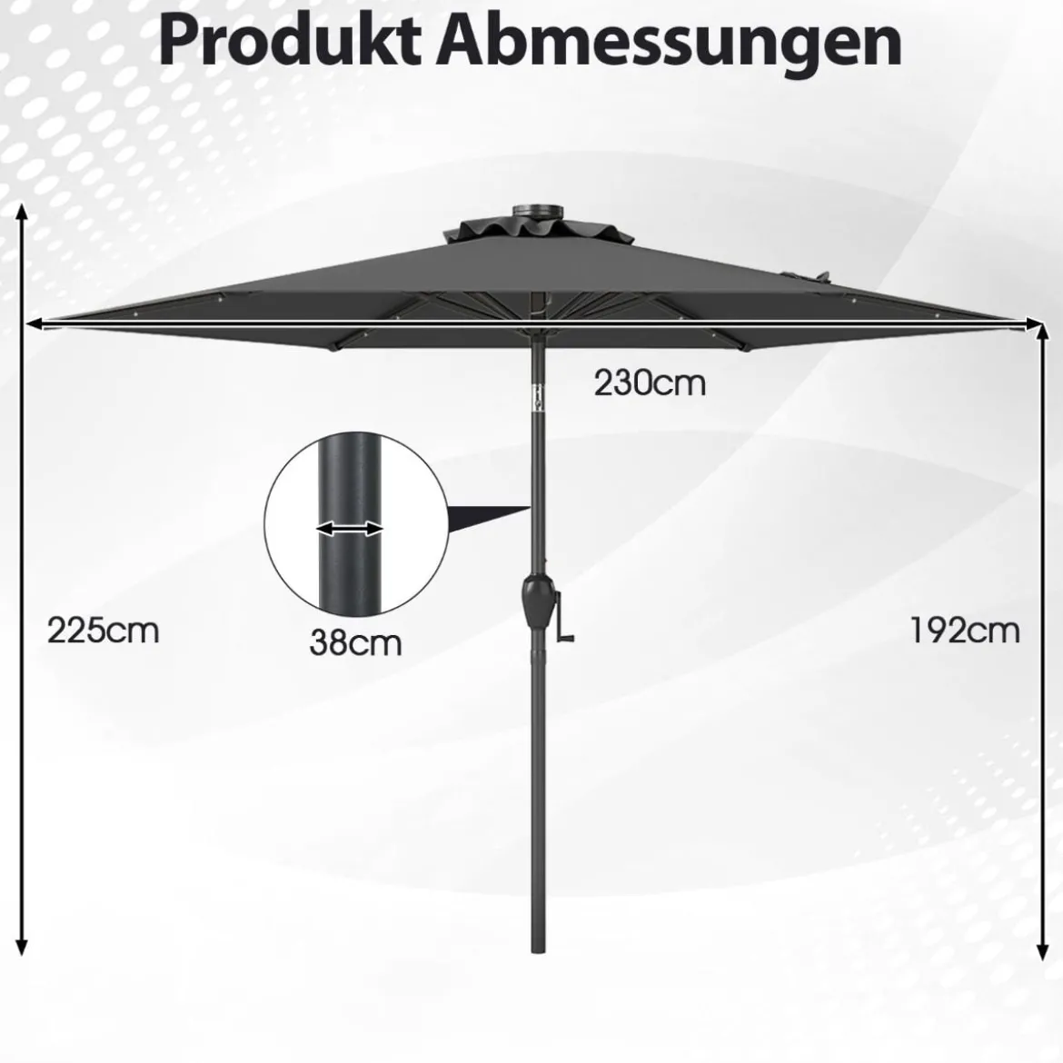 230 cm Sonnenschirm mit LED Solar Beleuchtung & Kurbel Gartenschirm Marktschirm