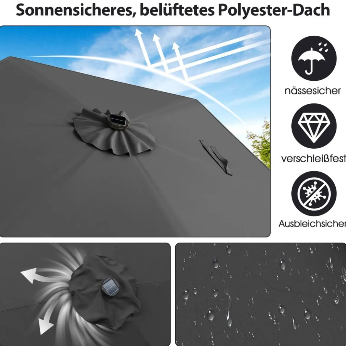 230 cm Sonnenschirm mit LED Solar Beleuchtung & Kurbel Gartenschirm Marktschirm