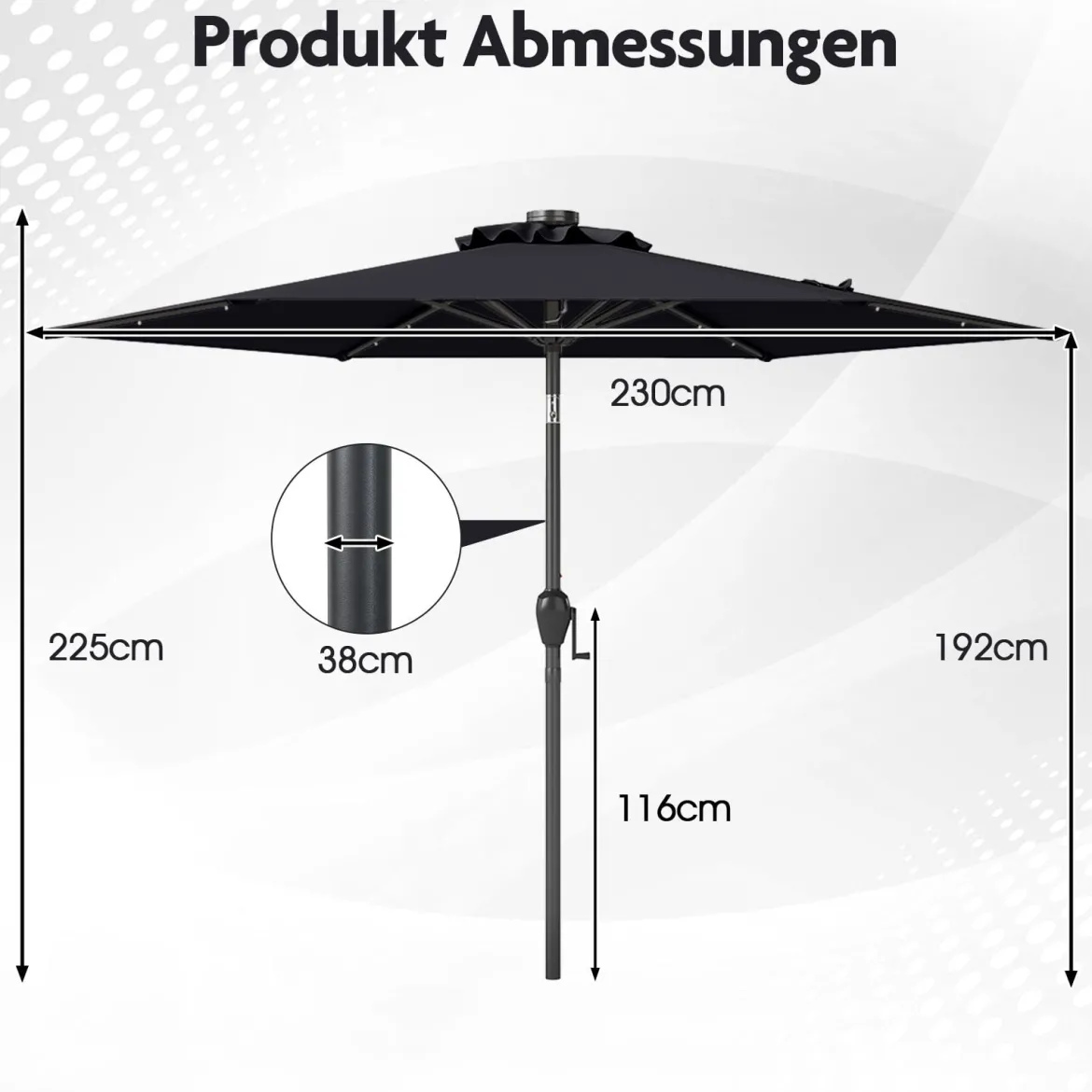 230 cm Sonnenschirm mit LED Solar Beleuchtung & Kurbel Gartenschirm Marktschirm