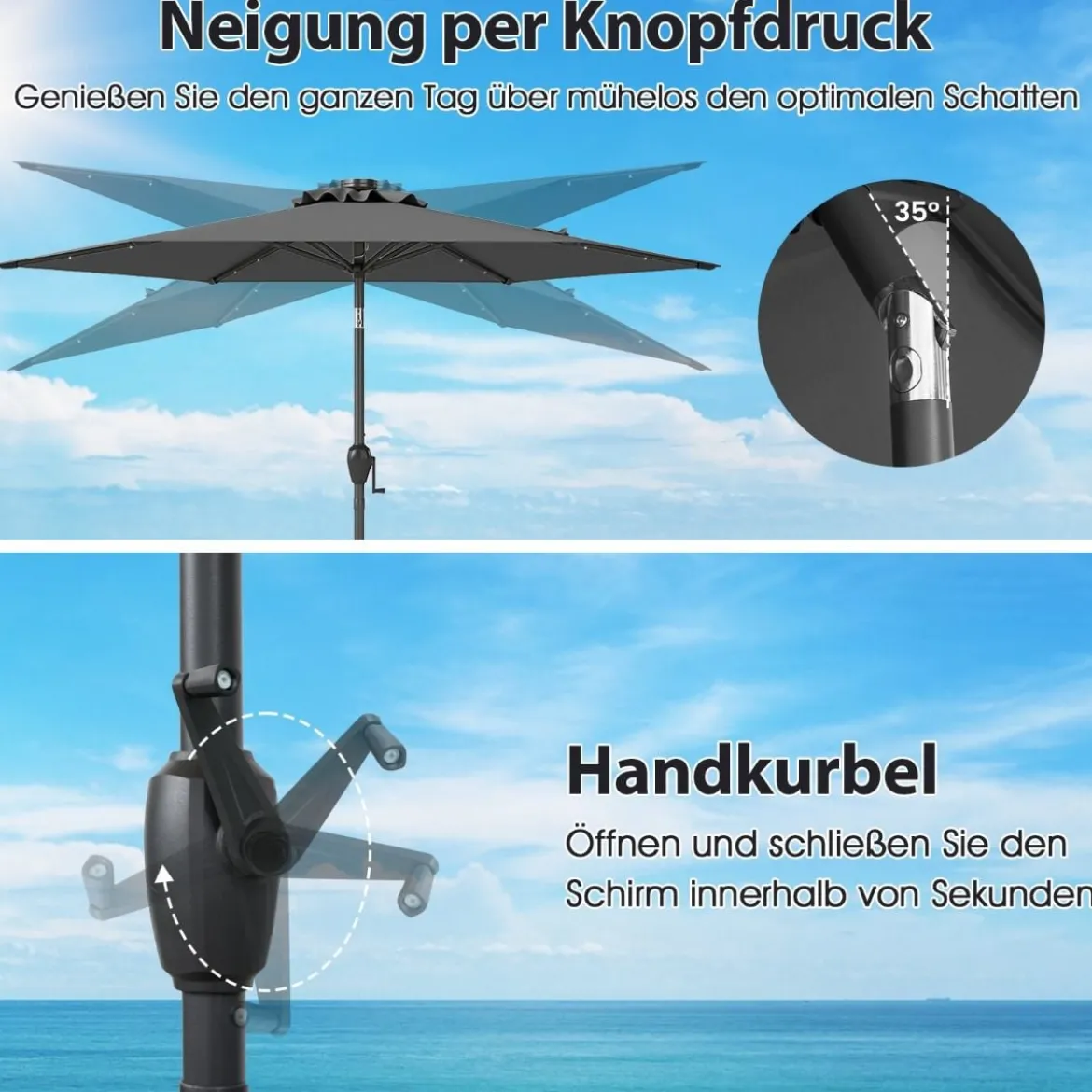 230 cm Sonnenschirm mit LED Solar Beleuchtung & Kurbel Gartenschirm Marktschirm