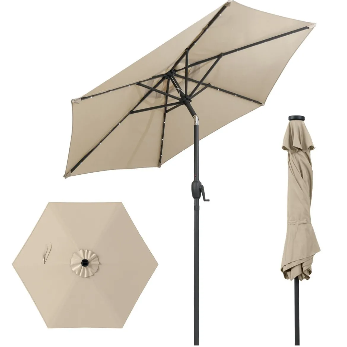 230 cm Sonnenschirm mit LED Solar Beleuchtung & Kurbel Gartenschirm Marktschirm