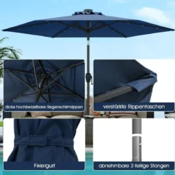 230 cm Sonnenschirm mit LED Solar Beleuchtung & Kurbel Gartenschirm Marktschirm