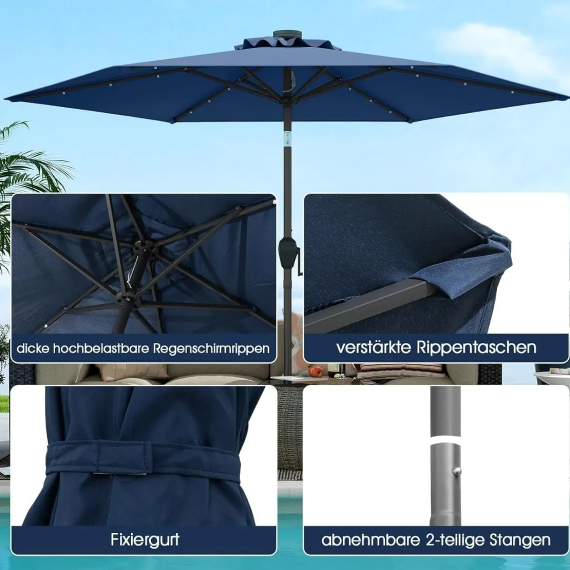 230 cm Sonnenschirm mit LED Solar Beleuchtung & Kurbel Gartenschirm Marktschirm