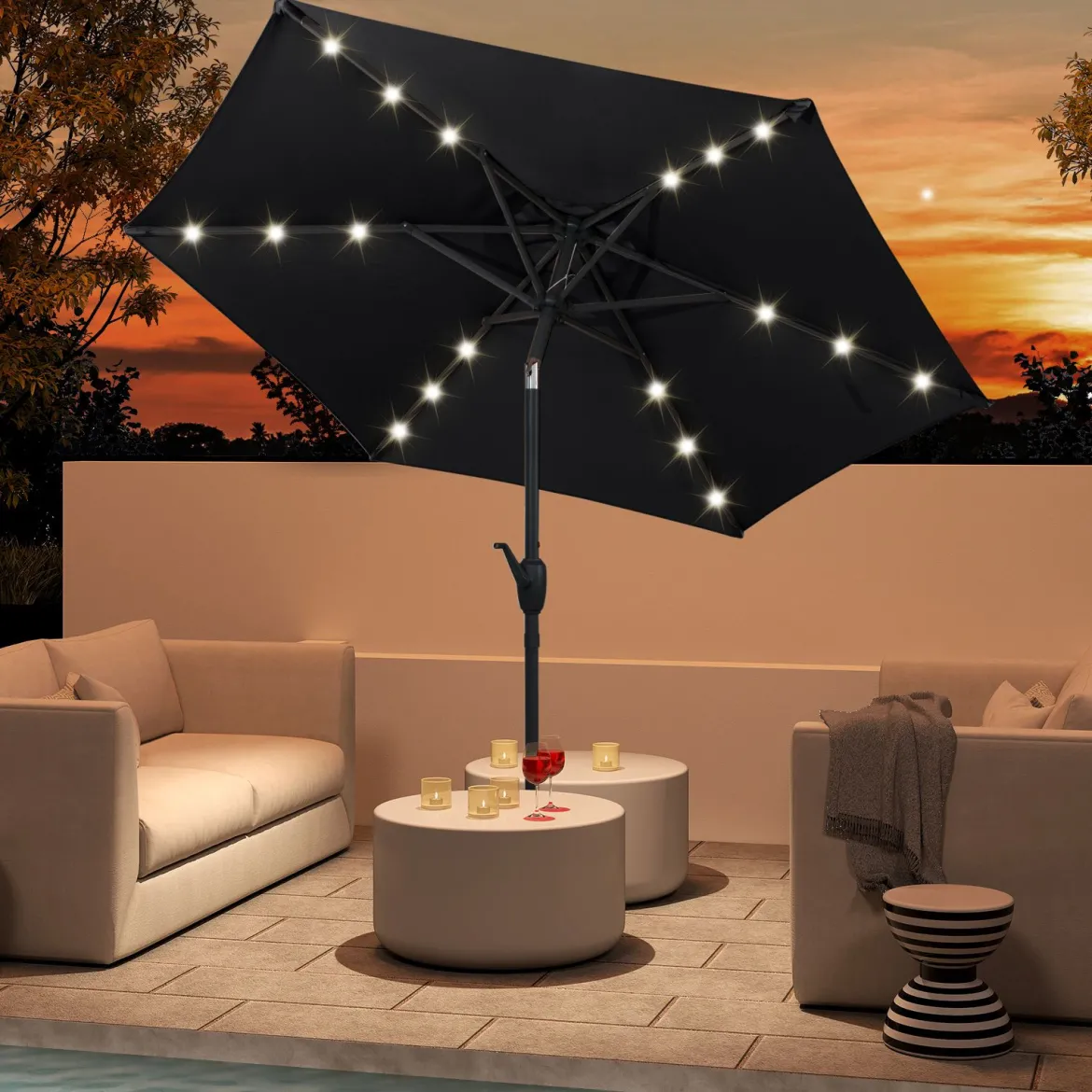 230 cm Sonnenschirm mit LED Solar Beleuchtung & Kurbel Gartenschirm Marktschirm