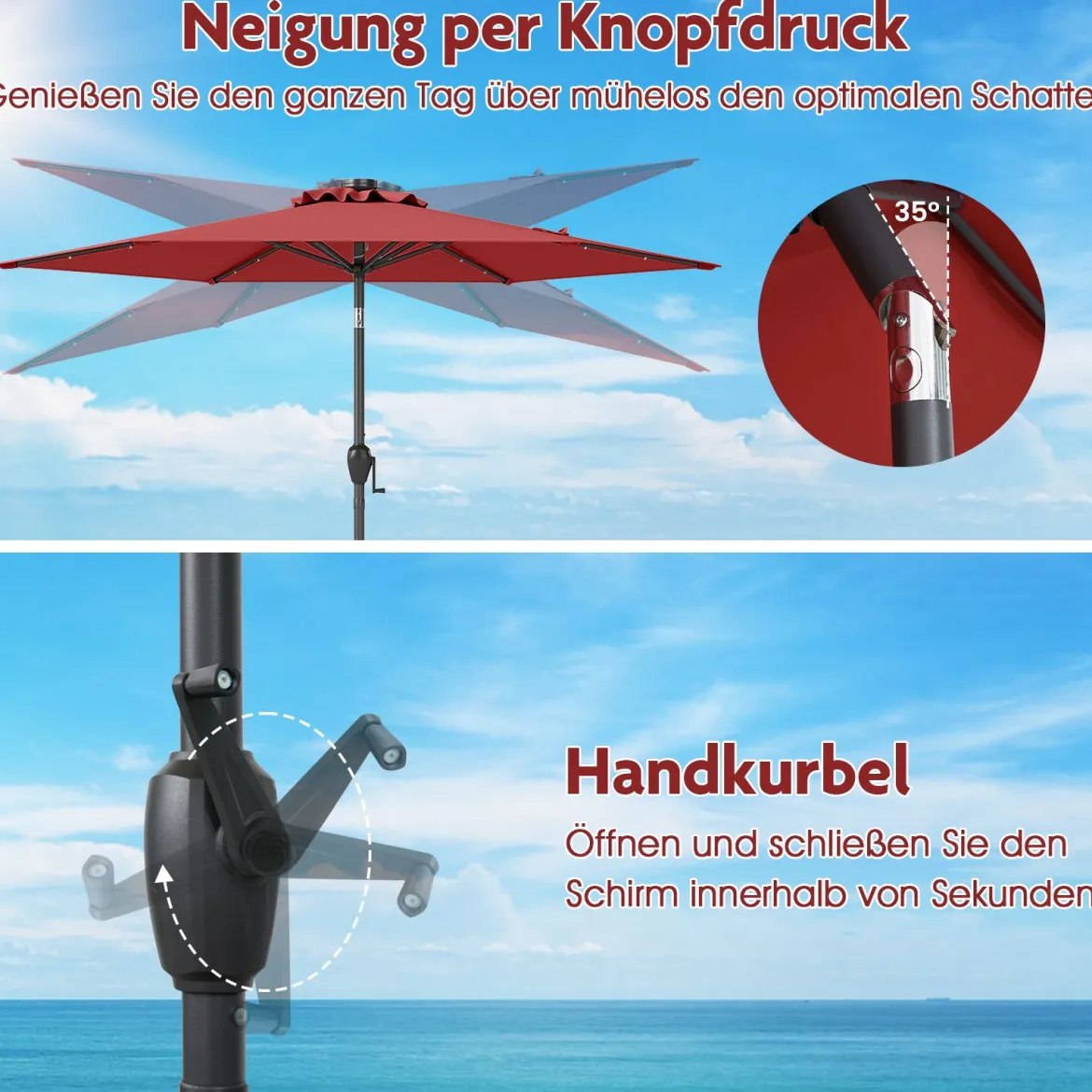 230 cm Sonnenschirm mit LED Solar Beleuchtung & Kurbel Gartenschirm Marktschirm