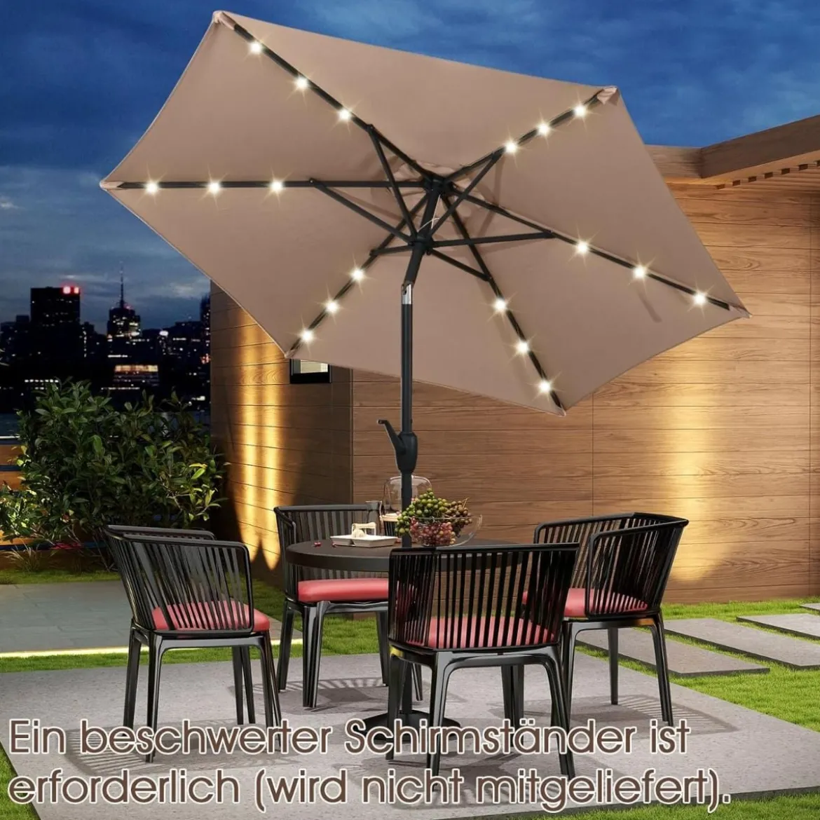 230 cm Sonnenschirm mit LED Solar Beleuchtung & Kurbel Gartenschirm Marktschirm