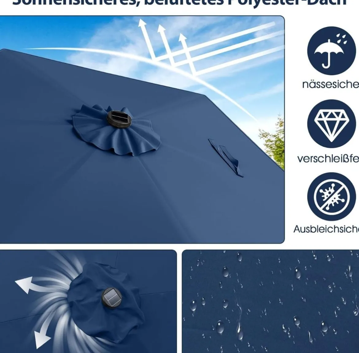 230 cm Sonnenschirm mit LED Solar Beleuchtung & Kurbel Gartenschirm Marktschirm