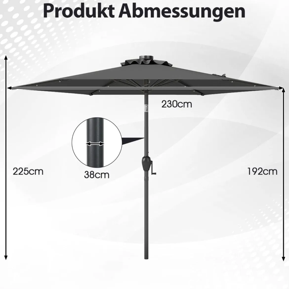 230 cm Sonnenschirm mit LED Solar Beleuchtung & Kurbel Gartenschirm Marktschirm
