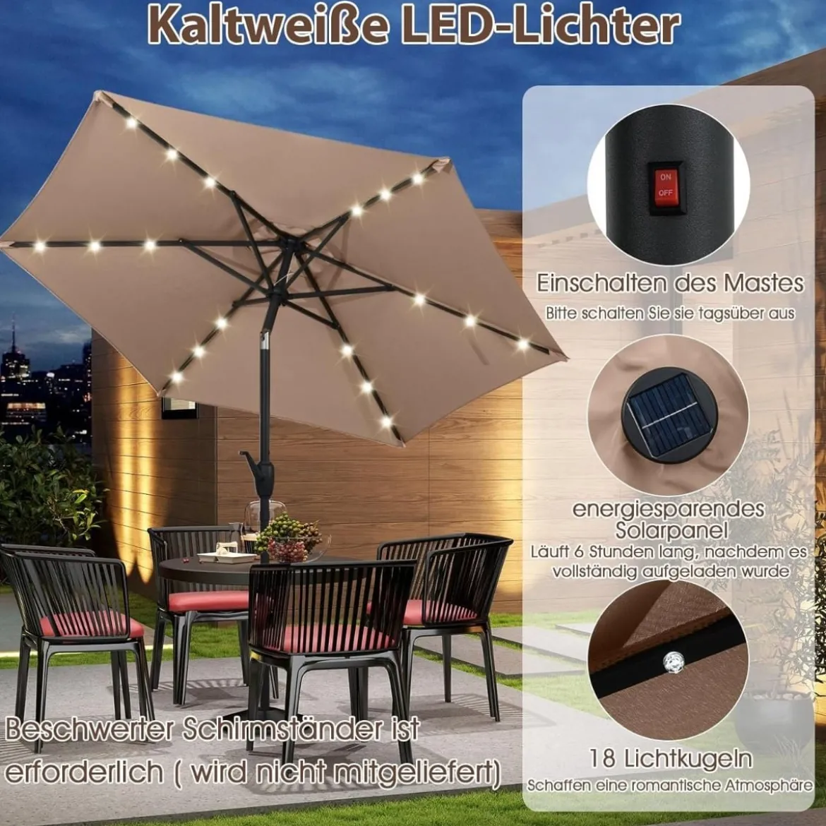 230 cm Sonnenschirm mit LED Solar Beleuchtung & Kurbel Gartenschirm Marktschirm