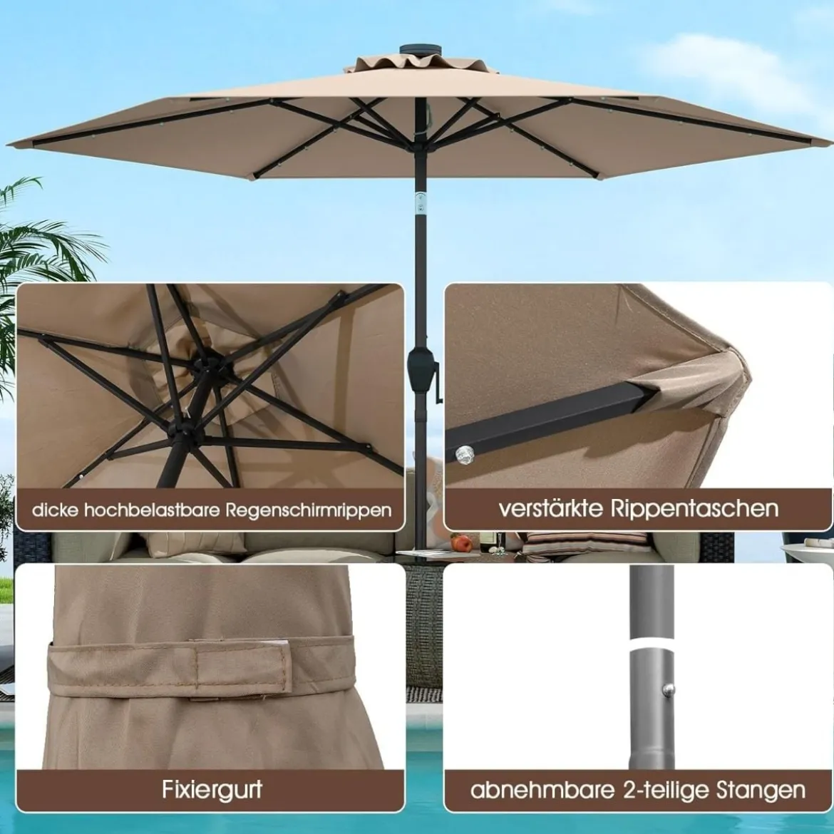230 cm Sonnenschirm mit LED Solar Beleuchtung & Kurbel Gartenschirm Marktschirm